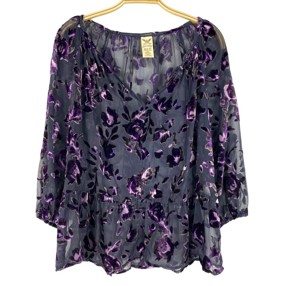Faded Glory Sheer Burnout Velvet Floral Blouse Women M Purple Witchy Whimsigoth